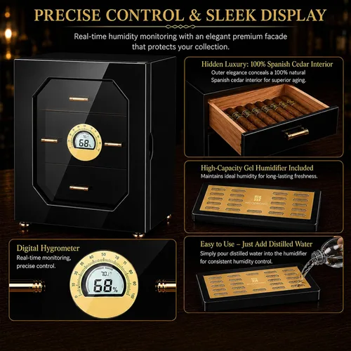 Vista 5 de Woodronic Gabinete humidor de puros para 100 unidades con higrómetro digital, humidificadores de gel de cristal, bandejas y divisores forrados