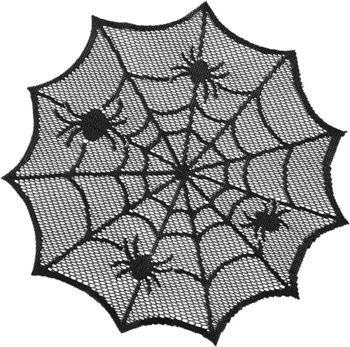 Vista 2 de Juego de 4 manteles individuales redondos de Halloween de 12 pulgadas, manteles individuales de tela de araña negra de poliéster con diseño hueco