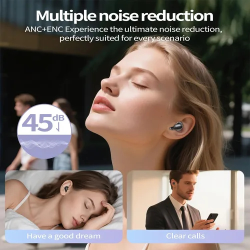 Vista 4 de Auriculares para dormir, mini ANC inalámbricos Bluetooth 5.4, graves profundos, auriculares estéreo de 48 horas, 4 micrófonos ENC con cancelación