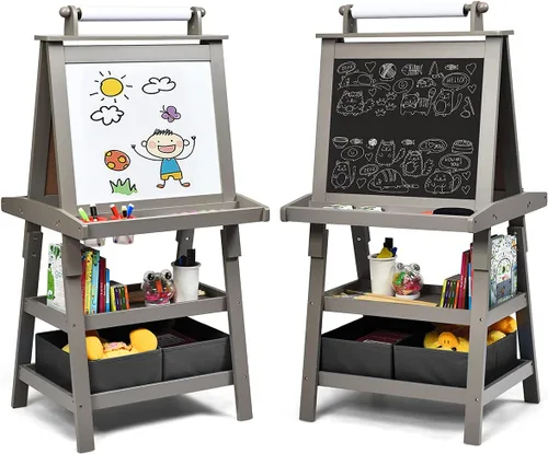 Vista 10 de Costzon Kids Art Easel, 3 in 1 Double-Sided Painting Easel w/Magnetic Whiteboard, Chalkboard & Paper Roll, 2-Tier Storage Rack & 2 Boxes, Standing