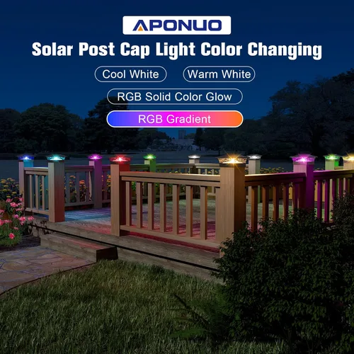 Vista 4 de APONUO - Luces solares para punta de poste con 8 colores RGB sólidos y flujo multicolor - Paquete de 4 luces solares para postes de 6x6, IP65