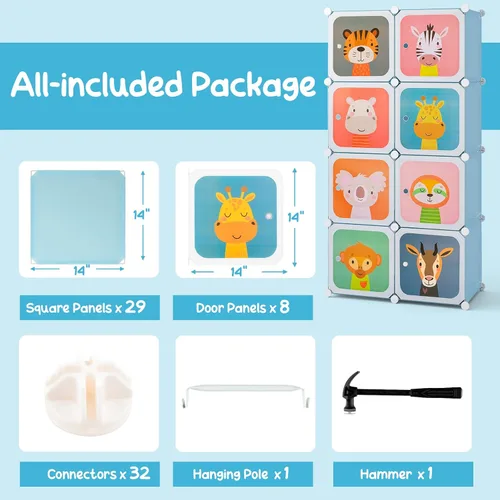Vista 7 de HONEY JOY Armario para niños, organizador de almacenamiento de ropa de dibujos animados para bebés, 8 cubos y 2 secciones para colgar, armario Azul