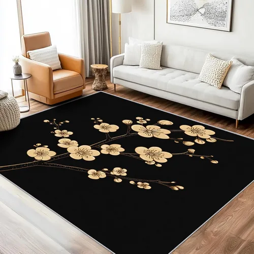 Vista 3 de Alfombra floral negra y dorada para entrada, dormitorio, cocina, 2 x 3 pulgadas, diseño de flor de cerezo de 2 x 3 pies, alfombra pequeña con diseño