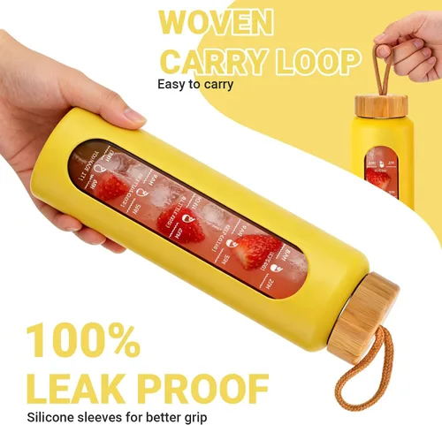 Vista 2 de Sursip Botella de agua de vidrio de 32 onzas, marcador de tiempo con funda y tapa de silicona Botella motivacional de 1 litro sin BPA, a prueba