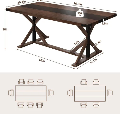 Vista 2 de Hlivelood Mesa de comedor de 71 pulgadas para 6 personas, mesa rectangular de cocina de granja con grosor impermeable, mesas de comedor largas