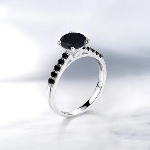 Vista 4 de Gem Stone King Anillo redondo de oro blanco de 10 quilates con diamante negro de ónix negro de 1,61 quilates