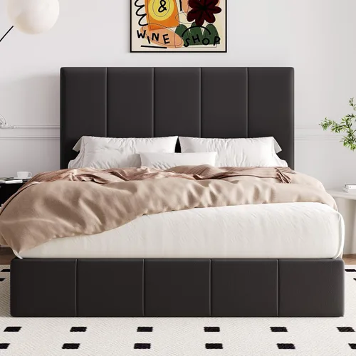 Vista 5 de Allewie Marco de cama de almacenamiento elevable de terciopelo de tamaño completo, cabecera capitonada de canal vertical, almacenamiento hidráulico
