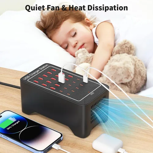 Vista 6 de Bloque de Cargador USB C, 125W (25A) 25 Puertos (15 USB A y 10 USB C) Estación de Carga Múltiple, Cargador de Pared de Escritorio Compatible