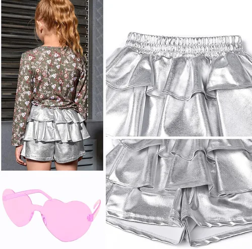 Vista 5 de Pantalones cortos metálicos plisados para niñas, con volantes brillantes, para patinadora, danza, cintura elástica, pantalones con gafas de sol