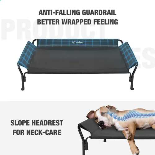 Vista 2 de Veehoo Cama elevada refrescante para perro, cuna elevada para mascotas con barandilla y reposacabezas inclinado, malla Teslin duradera y Negro