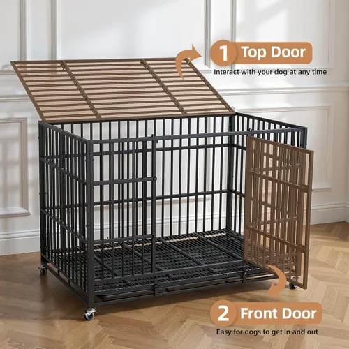 Vista 5 de VOWNER Jaula de perro indestructible resistente de 48 pulgadas, jaula para perros a prueba de escapes con 4 ruedas con cerradura, jaula para perros