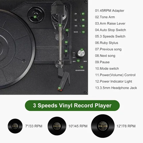 Vista 5 de Tocadiscos portátil con conexión Bluetooth, reproducción USB y batería recargable incorporada, tocadiscos de 3 velocidades, diseño de maleta