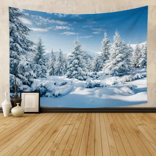 Vista 3 de Arrebolart Tapiz de bosque de invierno para colgar en la pared, pinos en tapiz nevado, tapiz de paisaje de Feliz Navidad, arte de pared para niños