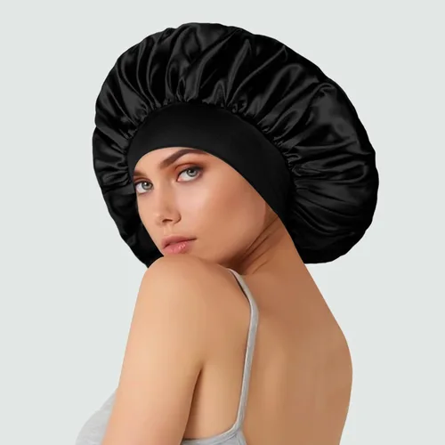 Vista 3 de 2 piezas de gorros de satén extra grandes para dormir de 17 pulgadas, gorro de seda jumbo para mujeres (negro y morado)