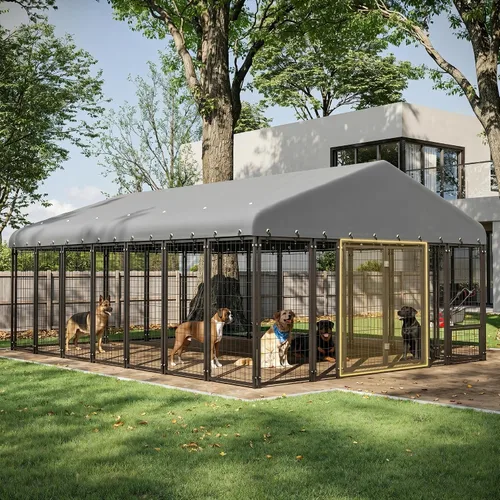 Vista 7 de Perrera grande para perros de 10 x 20 pies, resistente al aire libre con alimentación, jaula duradera para perros con techo y doble cerradura, 120.6