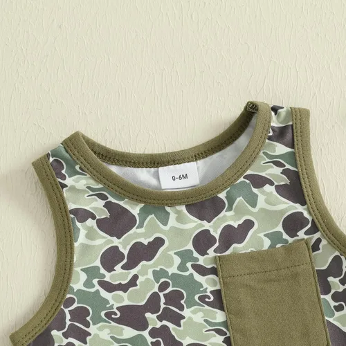 Vista 83 de Ropa de bebé niño sin mangas + pantalones cortos con estampado a rayas con bolsillos, 2 piezas de trajes de verano