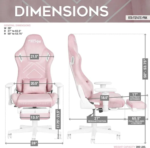 Vista 3 de Techni Sport Silla para juegos de terciopelo rosa con reposapiés