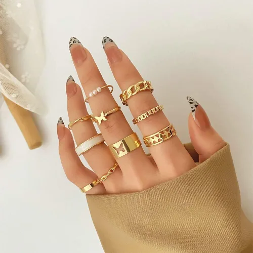 Vista 7 de Juego de anillos de oro para mujeres, adolescentes y niñas, juego de anillos dorados para nudillos, anillos vintage apilables bohemios, anillos