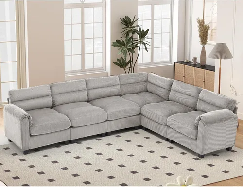 Vista 31 de HAOMARKETS Sofá esquinero modular en forma de L de 115 pulgadas con 2 otomanas móviles, sofás de pana de 8 plazas con cojín grueso para sala de Beige
