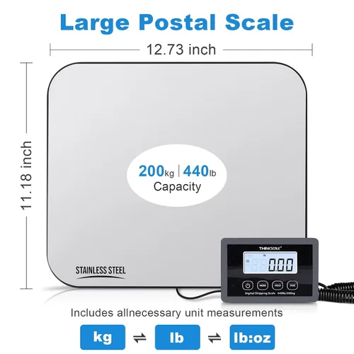 Vista 2 de THINKSCALE Báscula de envío, báscula postal digital de 440 lb/1 oz para pequeñas empresas, LCD retroiluminado grande con soporte/tara, báscula
