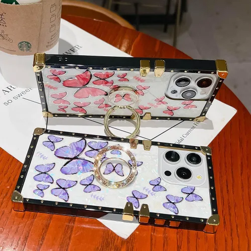 Vista 2 de Funda Rectangular de Lujo Femenina Compatible con iPhone 16 Pro Max Diseñada con Soporte de Anillo de Diamante con Función de Atril