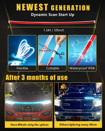 Vista 2 de YM E-Bright Tira de luz LED para capó exterior, impermeable, flexible, DRL, dinámico, para arranque, luces de circulación diurna para automóvil