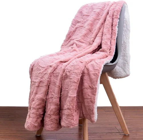 Vista 3 de Tache Dusty Rose Blush Pink Throw Super Soft Warm Faux Fur with Ivory Sherpa Back Blanket - 50x60