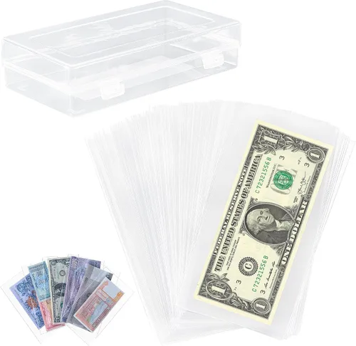 Vista 7 de Uncle Paul 100 piezas de billetes de dólar con caja de almacenamiento, fundas de papel transparente para moneda y fundas de colección de dinero