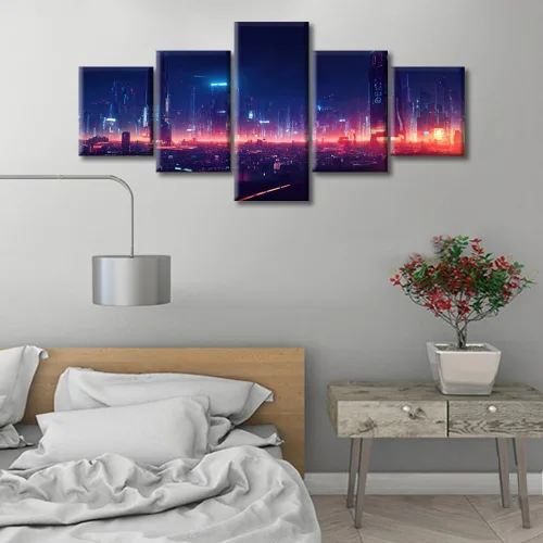 Vista 131 de Cuadros de 5 paneles de Cyberpunk City, arte de pared, representación de vallas publicitarias, edificios modernos en la capital con obras de arte
