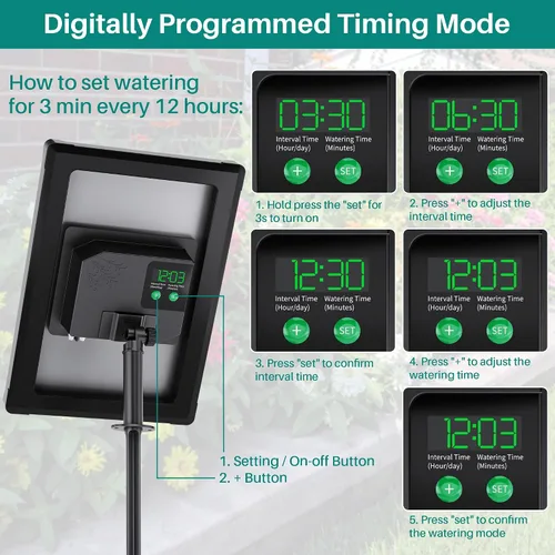 Vista 3 de Sistema de riego por goteo solar de 4 W con batería para 15 plantas en maceta Solar Watering System with Digital Programmable Smart Watering