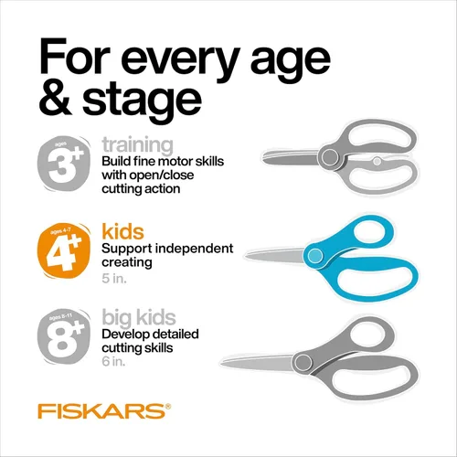Vista 4 de Fiskars Tijeras de punta roma de 5 pulgadas para niños de 4 a 7 años (paquete de 12), tijeras para niños para la escuela o manualidades, suministros