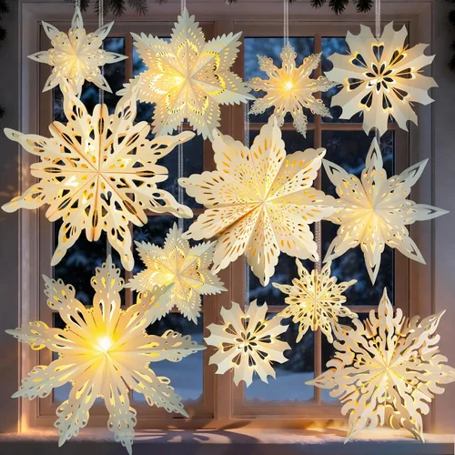Vista 8 de 12 piezas de linternas de copo de nieve de papel de Navidad, linternas de estrella de papel de Navidad 3D con luces LED, lámparas colgantes de copo