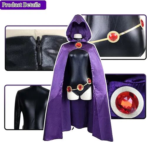 Vista 2 de Disfraz de cosplay de TeenTitans-Raven, overol de lujo con cinturón con capa morada, uniforme de Halloween, disfraz de cosplay para mujer