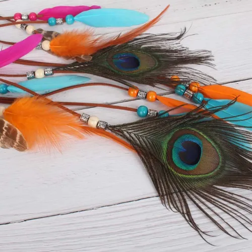 Vista 4 de Outyua Thurquoise Bohomian - Tocado de plumas largas de plumas gitanas nativas de pavo real diadema ajustable de plumas