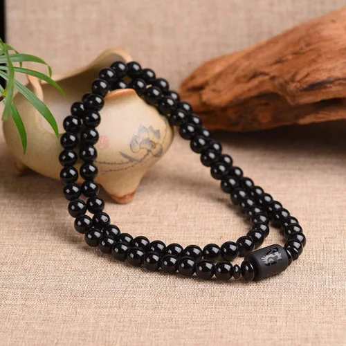 Vista 5 de KIOMOY Pulsera de obsidiana de cristal grabado con dragón o fénix totem cilindro cuentas hombres o mujeres cadena de piedra natural famosa moda 12MM