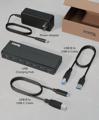 Vista 5 de Plugable Concentrador USB 3.0 de 7 puertos con adaptador de corriente de 36 W - Sin controlador - Conecta dispositivos y transfiere datos sin