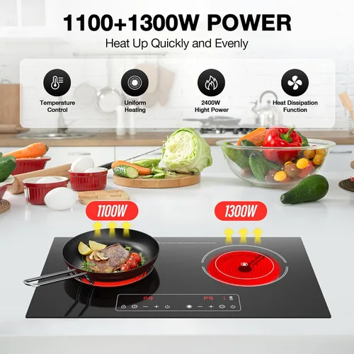 Vista 6 de Cocina eléctrica, 110 V, 2400 W, 2 quemadores, encimera y estufa integrada con 9 niveles de potencia, bloqueo de seguridad para niños, temporizador