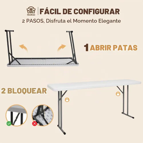 Vista 4 de Mesa plegable de 5 pies, estrecha, portátil, de plástico, resistente, mesa de seminario rectangular de polietileno de alta densidad con asa