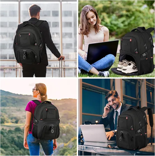 Vista 6 de ZUBOND Mochila con compartimento para zapatos para hombres y mujeres, mochila de viaje para laptop de 17.3 pulgadas con puerto USB, mochila