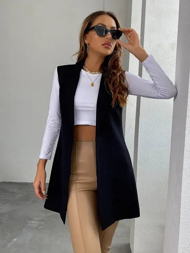 Vista 4 de SheIn Chaleco largo sin mangas con frente abierto para mujer chaqueta sólida con cuello de solapa