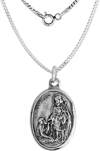 Vista 2 de Collar con medalla de San Eduardo de plata de ley con acabado oxidado, cadena ovalada de 0.071 in