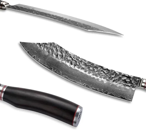 Vista 5 de Wakoli EBO - Cuchillo de carnicero para barbacoa, 12 pulgadas VG10 con núcleo de damasco, mango de roble oscuro Extra-long blade Damascus kitchen