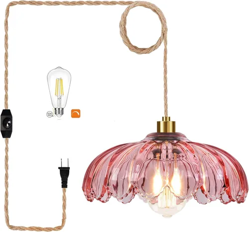 Vista 11 de Lámpara colgante de ratán para enchufar, con cable de enchufe, lámpara colgante de bambú regulable, tejida a mano estilo bohemio, pantalla