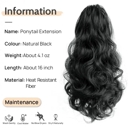 Vista 2 de Extensión de cola de caballo de garra negra natural ondulada de 16 pulgadas, extensiones de cabello sintético rizado con clip, extensiones