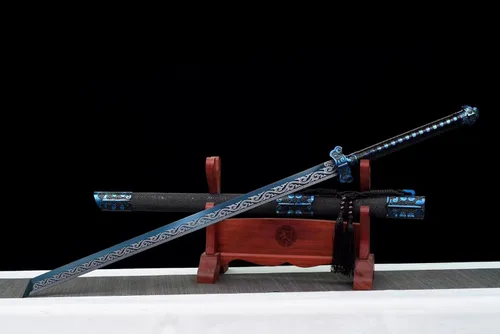 Vista 9 de Espada china de acero de alto carbono SJ SHI JIAN dinastía Tang Dao hoja recta con patrón de dragón funda