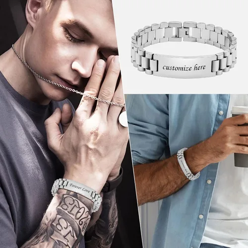 Vista 2 de Hisatan Personalized Engrave Men's Stainless Steel Chain Classic Watch Band ID Tag Identification Bracelets for Men