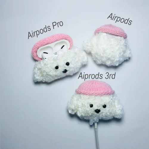 Vista 7 de Lindo estuche de felpa suave hecho a mano de piel blanca esponjosa para perros y perritos de peluche para Airpods2 Airpod de dibujos animados