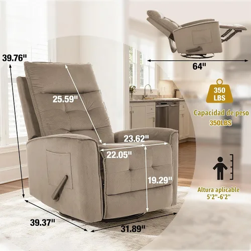 Vista 2 de Silla reclinable basculante giratoria para adultos, silla mecedora Silla reclinable balancín pequeña para espacios pequeños, RV, sala de estar
