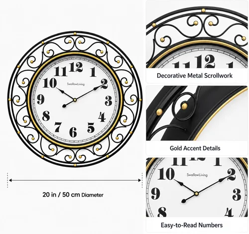 Vista 3 de SwallowLiving 20 Inch Large Metal Wall Clock – Modern Minimalist Decorative Silent Non-Ticking Hanging Clock with Gold Accent Scrollwork Design for
