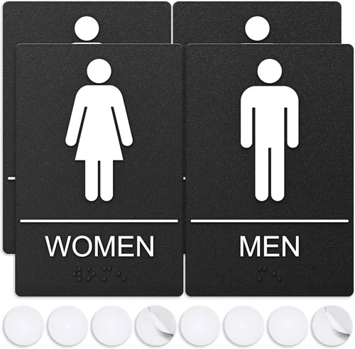 Vista 13 de Letreros de baño, letrero de baño para negocios, para hombres y mujeres, 9 x 6 pulgadas, cumple con la ADA con Braille, adhesivos fuertes de doble
